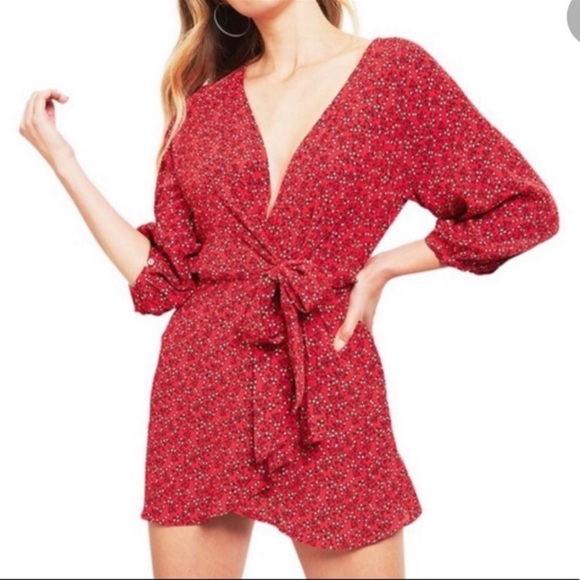 Free People Dresses & Skirts - Free People | Floral Tie-Front Long Sleeve Red Wrap Dress with Pockets, Size M